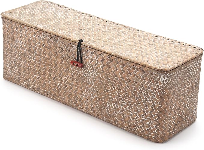 Whitewash Seagrass Tank Basket with Lid Woven Toilet Roll Storage Basket with Sections Rectangular for Organize Snack Toys (Large Compartment 16.5inch L x 5.5inch W x 5.5inch H)