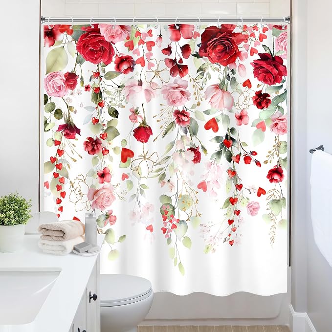 Mother Day Women Red Pink Rose Bathroom Shower Curtain Set | 72"W x 72"L Floral Watercolor design with waterproof HD artwork, quick-dry fabric and hooks for easy hanging.