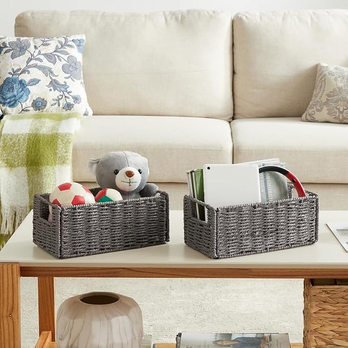Wicker Storage Basket, Set of 2 Grey Baskets for Toilet Paper | Hand-Woven Wicker Baskets, Small Storage Baskets for Organizing with Handles Foldable Cube Storage Organizer Bins for Shelves