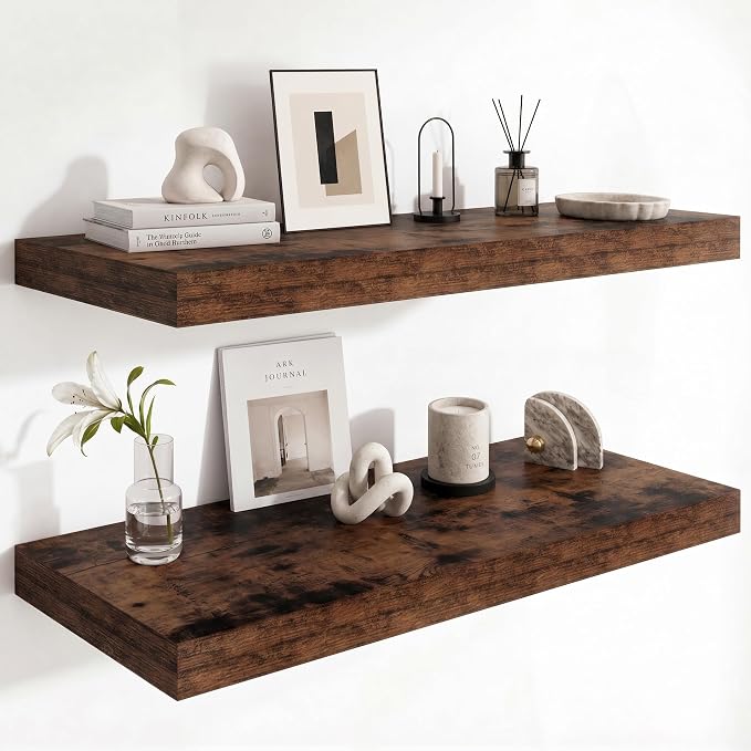 12 Inch Deep Floating Shelves for Wall, 36 Inch Wide Wall Shelves Set of 2, 2 Inch Thick Heavy Duty Invisible Wall Mounted Shelves for Kitchen Living Room,Rustic Brown