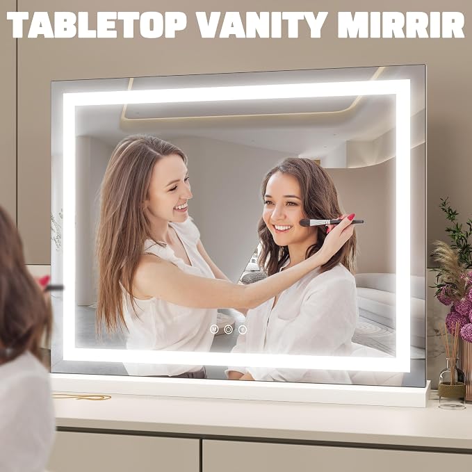 HNV 22.8"x18" Lighted Vanity Mirror, White | 22.8" x 18" tabletop vanity mirror with 3-color dimmable lighting, detachable 10X mirror, and HD tempered glass.