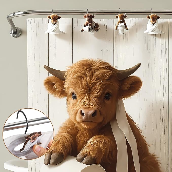 Sawysine 12 Pcs Cow Shower Curtain Hooks Bathroom,Highland Cow | Highland Cow Design in 3 Poses, Western Farmhouse Decor for Rustic Bathroom Bedroom, Set Includes Decorative Hangers