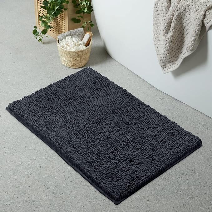 LuxUrux Ultra-Soft Chenille Bath Mat - Plush Microfiber Bathroom Rug, Super Absorbent & Quick-Dry, Cozy Shaggy Design, Machine Washable (24 x 36 inches, Charcoal)