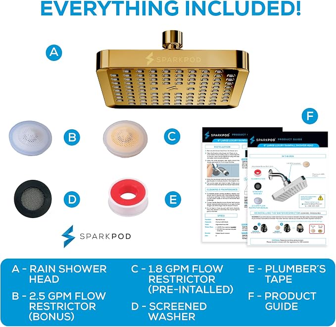 SparkPod Rain Shower Head, 6 Inch Square, Egyptian Gold Finish | High Pressure Shower Heads, 90 Nozzles, Adjustable Showerhead, No Tools Needed, Universal Connection