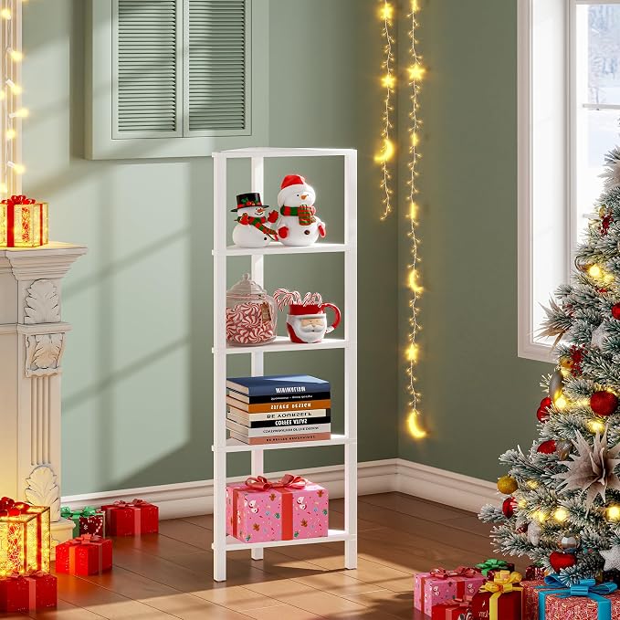 TUTOTAK Corner Shelf, 5-Tier Corner Bookshelf for Small Space | Narrow Display Corner Shelf Stand with Storage Rack, for Living Room, Bedroom, White BS05BW005