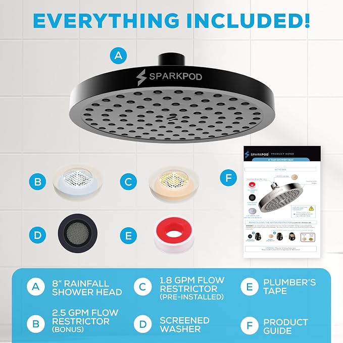 SparkPod Rain Shower Head, 8 Inch Square, Vintage Oil-Rubbed Bronze Finish | High Pressure Shower Heads, 90 Nozzles, Adjustable Showerhead, No Tools Needed, Universal Connection