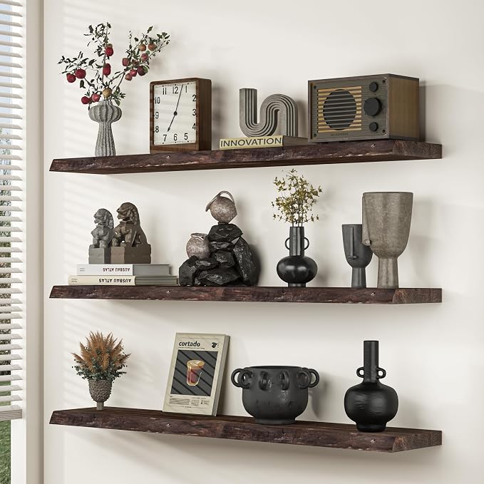 Floating Shelves for Wall, 48"x9.3" Rustic Solid Live-Edge Elm Wood Wall Shelves, Heavy-Duty Floating Shelves with Invisible Brackets, Set of 2 for Living Room, Bedroom, and Kitchen, Walnut Finish