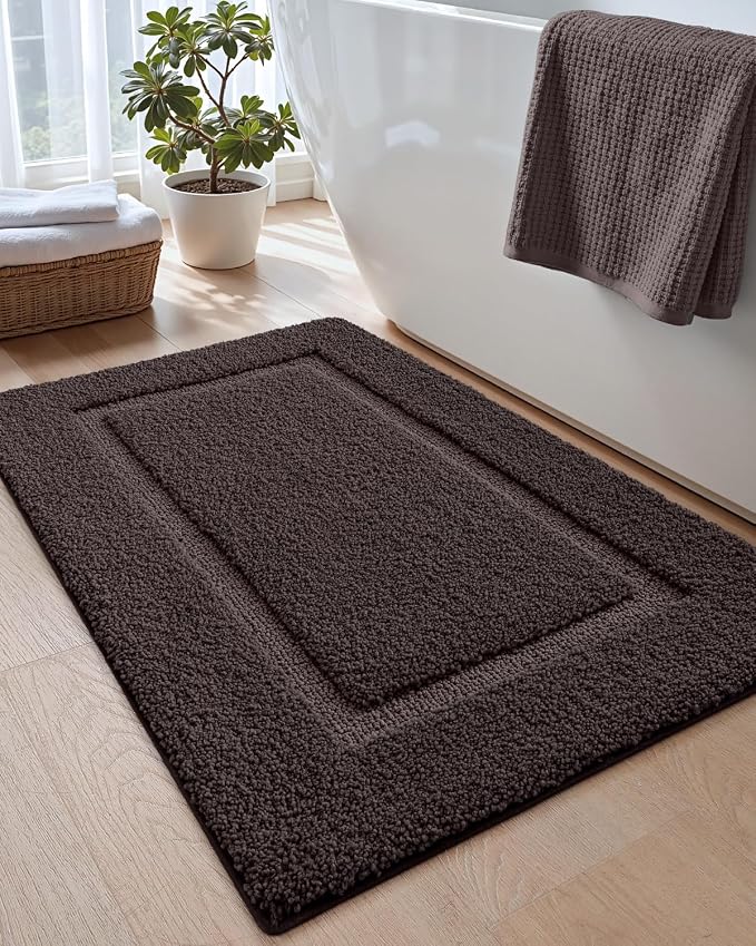 DEXI Bath Mat 24x16, Absorbent and Non Slip Bathroom Rugs, Brown | Soft Plush Microfiber Bathmat, Machine Washable & Quick Dry, Rubber Back Small Rug for Shower, Tub, Sink