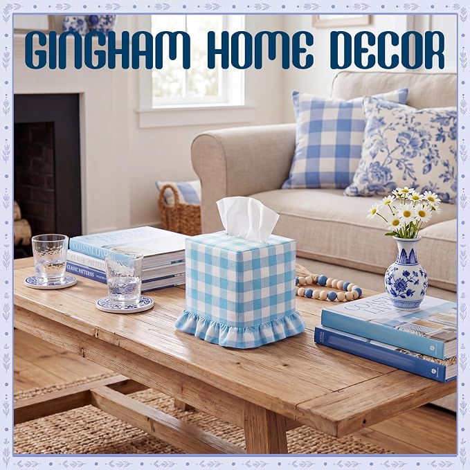 Blue Gingham Tissue Box with Ruffled Cover Cottagecore Handmade Decorative Gingham Napkin Holder for Home Bedroom Living Room Bathroom Vanity Countertop Car Office Kitchen
