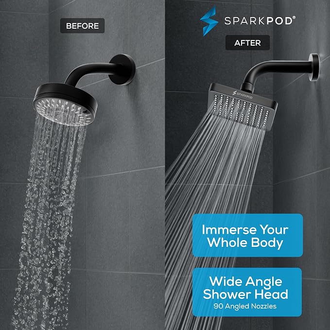 SparkPod Rain Shower Head, 6 Inch Square, Midnight Black Matte Finish | High Pressure Shower Heads, 90 Nozzles, Adjustable Showerhead, No Tools Needed, Universal Connection