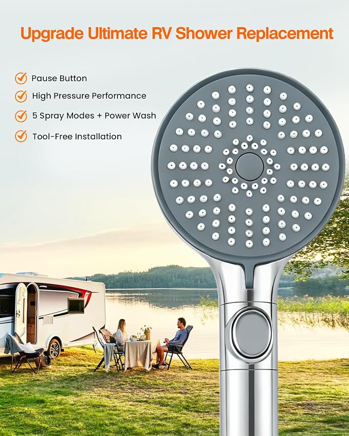 RV Shower Head with Hose, High Pressure Handheld RV Shower Head Replacement with On Off Switch,5 Modes,Power Jet, Camper Showerhead for RV, Travel Trailer, Motorhome,Boat,Silver