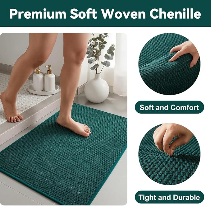 Triohero Large Bathroom Rugs Non Slip Washable Bath Rugs Super Absorbent Bathroom Rug Thin Quick Dry Low Pile Bath Mats, Dark Green 36"x48"