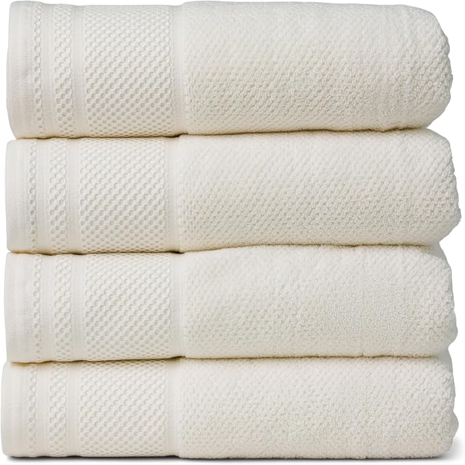 Texere 100% Organic Cotton Rice Weave Jacquard 700 GSM Luxury Bath Towel Sets - Ultra Soft and Absorbent Hotel and Spa Quality (Rice Weave, Cream, 4 Bath Towels)