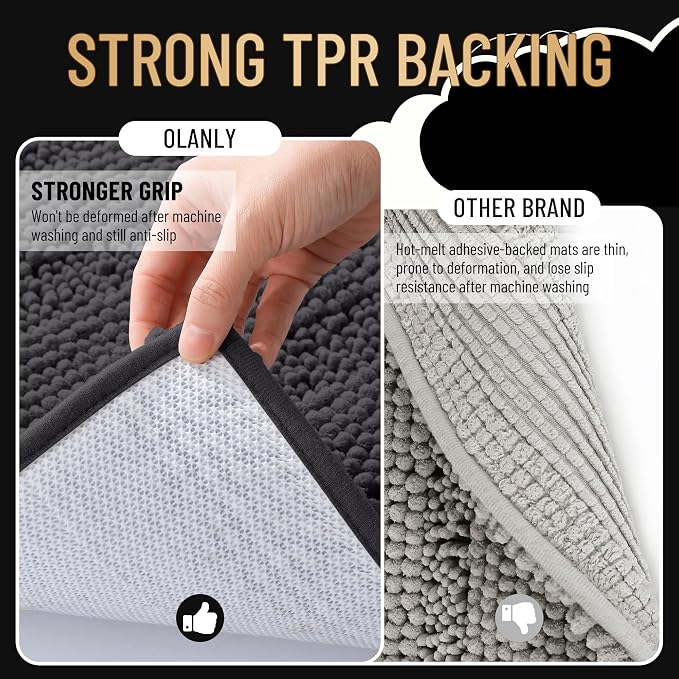 OLANLY Thick Large Bathroom Rugs 40x32, Soft Chenille Bath Rugs, Dark Grey | Absorbent Striped, Rubber Backing, Machine Wash Dry, Bath Mats for Bathroom Floor, Tub and Shower, Home Decor Accessories
