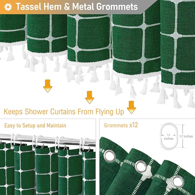 Long Boho Farmhouse Linen Fabric Shower Curtain, 72x84, Emerald Green | Tall Size, 330GSM Linen Blend, 3-side Tassels, Water Repellent Cloth, 12 Plastic Hooks, Rustic Bohemian, Machine Washable