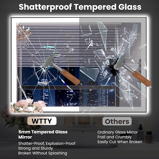 WTTY 40"x32" LED Bathroom Mirror with Black Frame | Aluminum Alloy Framed, Anti-Fog, Dimmable, 3 Color Temperature, Memory Function, Tempered Glass, Lighted Vanity Wall Mirror