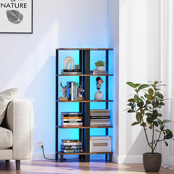 TUTOTAK Corner Shelf with LED Light, 5-Tier Corner Bookshelf | for Small Space, Narrow Display Corner Shelf Stand with Storage Rack, for Living Room, Bedroom, Rustic Brown BS08BB005L