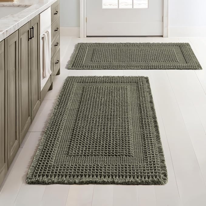 MIULEE Set of 2 Waffle Bathroom Rugs Green Boho Bath Mat 18x30 in | Looped Design, Super Absorbent, Non Slip, Washable, Ultra Soft, Rubber Backed, Bathroom Mats for Floor Tub Shower