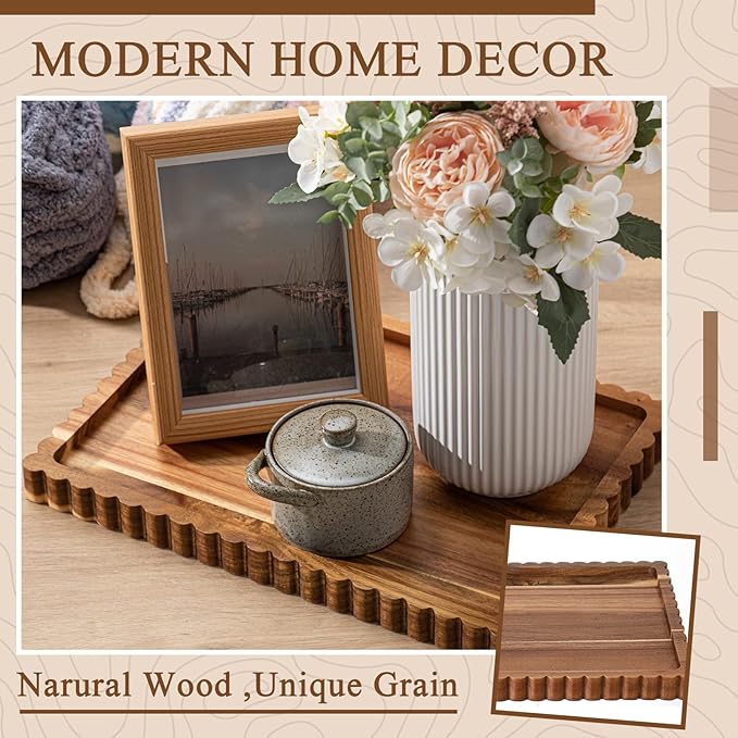 Lounsweer Acacia Wood Decorative Tray for Home Decor, 14'' x 10'' Wooden Serving Tray for Coffee Table Centerpiece Dining Kitchen Island Decoration Bathroom Counter Display