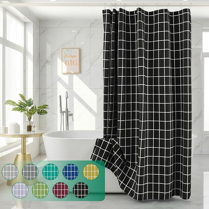 Biscaynebay Fabric Black Shower Curtain for Bathroom-Modern Farmhouse Faux Linen Textured Grid Plaid Shower Curtains, Minimalist Simple Geometric Neutral Decor Machine Washable-70x72 Inches