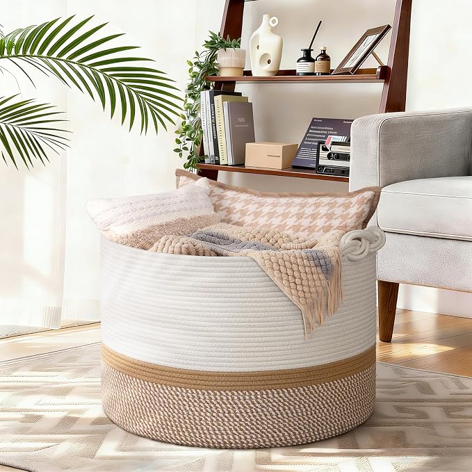 22"x22"x14" Large Blanket Basket, Home Décor for Living Room Bedroom, Cotton Rope Laundry Basket for Clothes Pillows, Baby Fall Decorations for Home Toy Storage, White & Camel
