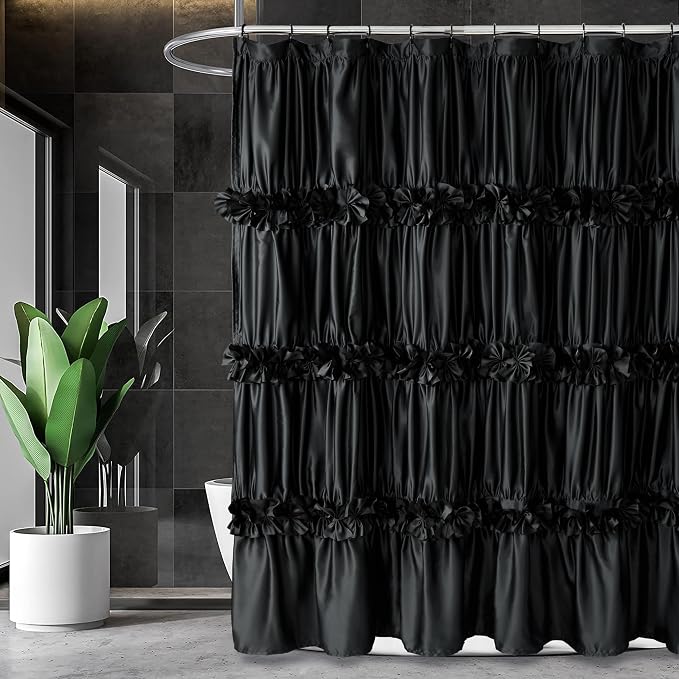 Black Handcrafted Bow Tie Shower Curtain 72" W x 72" H | Vintage Ruffle Bath Curtain for Master Bathroom, Ruched Satin Bathroom Curtain with 12 Buttonholes (LQ-10)