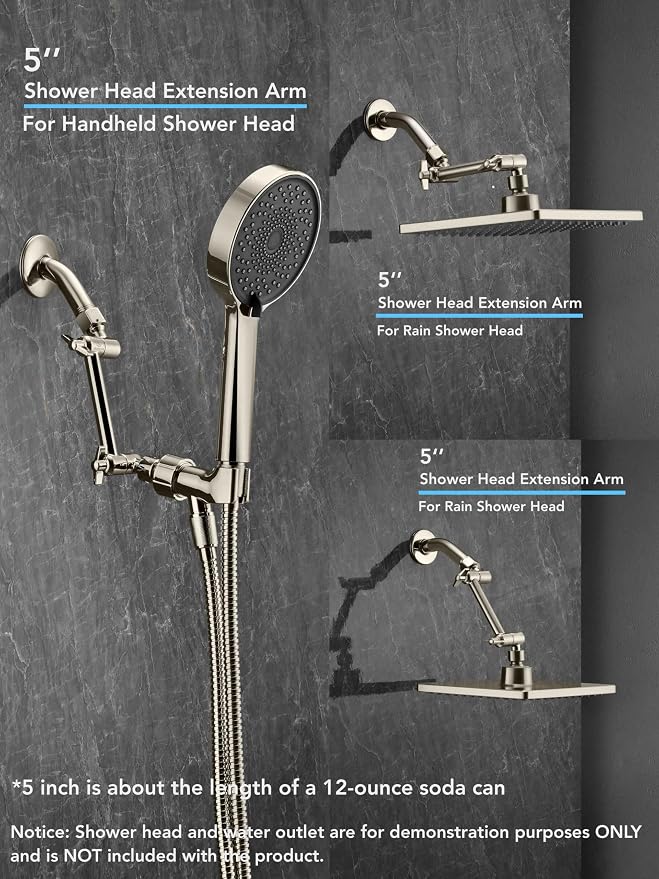 5 Inch Adjustable Shower Head Extension Arm With Locking Set Screw, Singing Rain 304 Stainless Steel Nickel Brushed Angle Height Adjustable, G1/2 Universal Connector Compatible (Nickel Brushed)