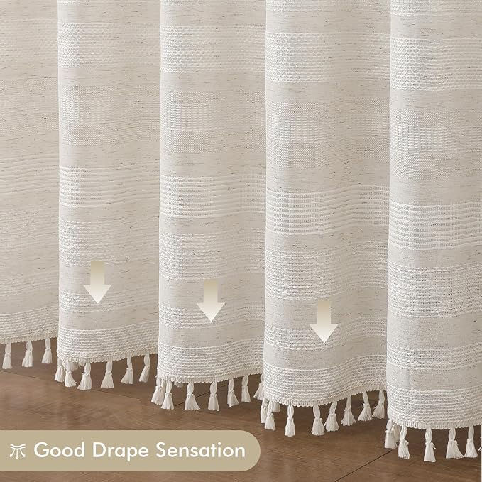 Linen Boho Stall Shower Curtain, Narrow Soft Fabric Striped Textured Bathroom Shower Curtain with Tassel, Modern Farmhouse Machine Washable Bath Decor, Linen, 36Wx72L Inches
