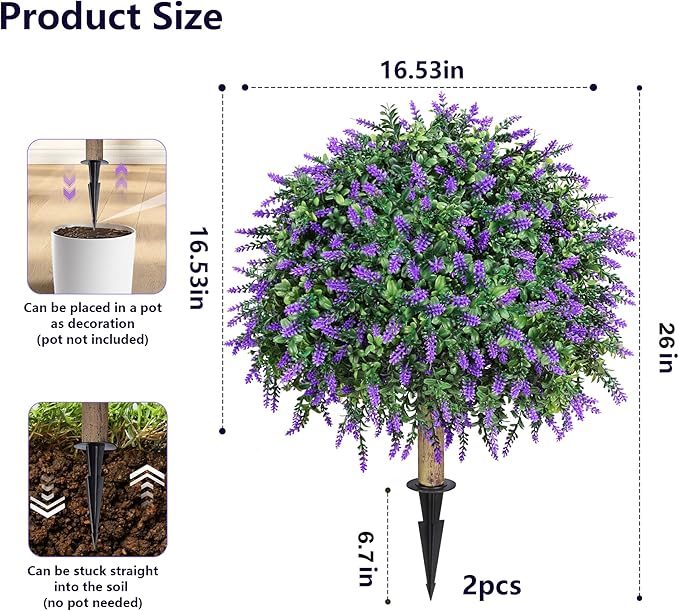 26'' Artificial Topiary Boxwood Ball Trees with Lavender 2 Pack Fake Plants for Outdoor Indoor Artificial Shrubs with Ground Spike UV Resistant Fake Bushes for Front Porch Garden (Purple)