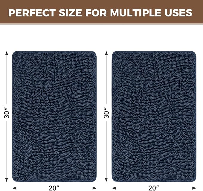 Bcoimo Bath Rug Mat Set, 2 Piece Thick Absorbent Chenille Bathroom Mat Navy | Non Slip with Rubber Backing Bathroom Rugs set; Machine Washable;Extra Soft Bath Rug;High Absorbent、Quick Dry Microfiber mat