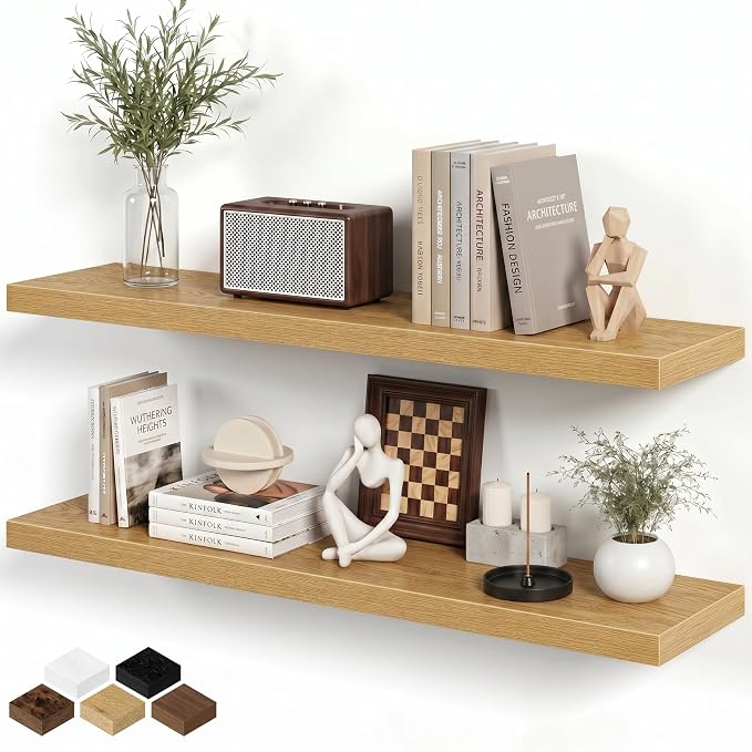 Fun Memories 40" Floating Shelves for Wall, 8 Inch Deep Floating Shelf for Books, Deep Bathroom Shelves Wall Mounted, Rustic Display Shelf for Kitchen, Bedroom, Living Room, Oak Color, 2 Pack