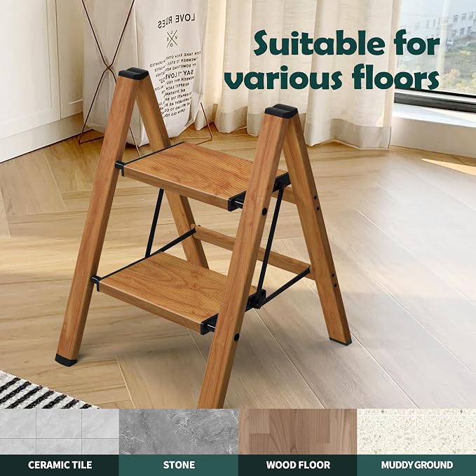 Taranta 2 Step Stool Foldable,Aluminum Step Ladder-Woodgrain | Lightweight,Wide Anti-Slip Pedals,Folding Step Stool,330lbs Capacity Stepladder for Household,Kitchen,Office