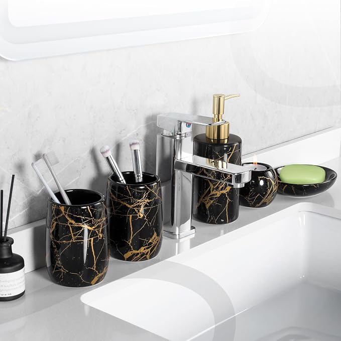 Ceramic Bathroom Accessory Set, 5-Piece Bathroom Accessory Set, Soap Dish, Toothbrush Holder, Soap Dispenser, Bathroom Tumbler & Candle Holder - Modern Bathroom Organizer, (Black & Gold)