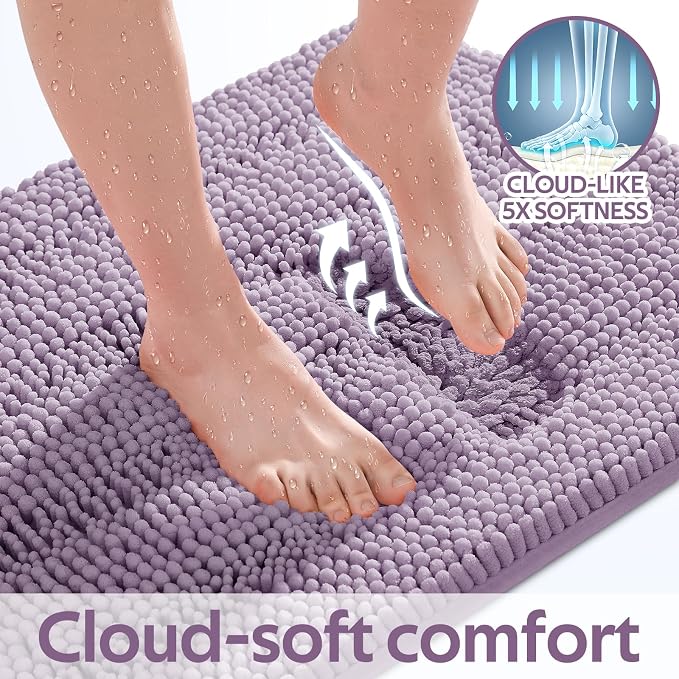 Striped Lavender Bathroom Rug Set 3 Pieces Ultra Soft, Non Slip Chenille Toilet Mat, Absorbent Plush Shaggy Bath Mats for Bathroom, Bedroom, Kitchen, Mauve