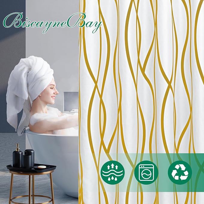 Biscaynebay Extra Long Textured Fabric Shower Curtain 72 Inch by 72 Inch, Gold Printed Striped Linen Modern Hotel Luxury Quality Cloth Bathroom Curtains Machine Washable