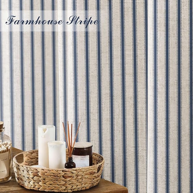 Farmhouse Striped Shower Curtain Navy Blue Vintage Linen Curtain 72W X 72L | Striped Shower Curtains with Linen Texture for Bathroom Decor