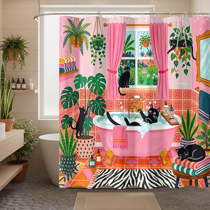 Accnicc Funny Cat Shower Curtain Boho Cute Fun Black Cats Shower Curtains for Bathroom Green Tropical Plant Pink Decorative Girly Waterproof Fabric Bath Curtain Decor 72 X 72 Inches