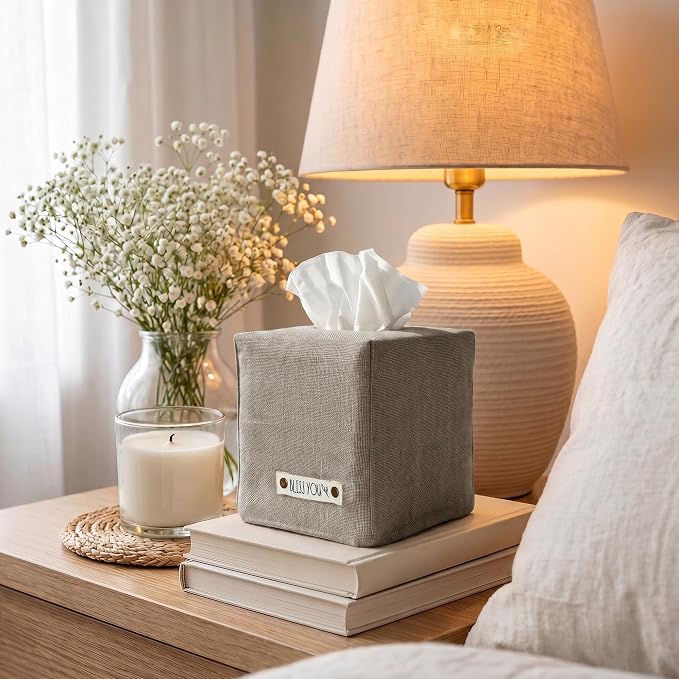 Stylish Tissue Box Cover - This Gray Linen Holder Instantly Covers Your Square Tissue Boxes - The Perfect Cube Cover for Your Bathroom and Home
