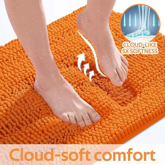 Striped Orange Bathroom Rug Set 3 Pieces Ultra Soft, Non Slip Chenille Toilet Mat, Absorbent Plush Shaggy Bath Mats for Bathroom, Bedroom, Kitchen