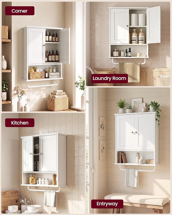 VASAGLE Siren Collection Bathroom Wall Cabinet, Hanging Storage | Bathroom storage cabinet, towel rod, farmhouse, adjustable shelf, doors, 7.9 x 17.7 x 23.6 Inches, UBBK148WB01S