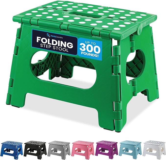 Handy Laundry Folding Step Stool 9 Inch, Green, Non-Slip Holds 300 lbs | 9 Inch, Green, Foldable Collapsible Step Stool, Non-Slip, Holds 300 lbs, Kitchen Bathroom Bedroom, Adults