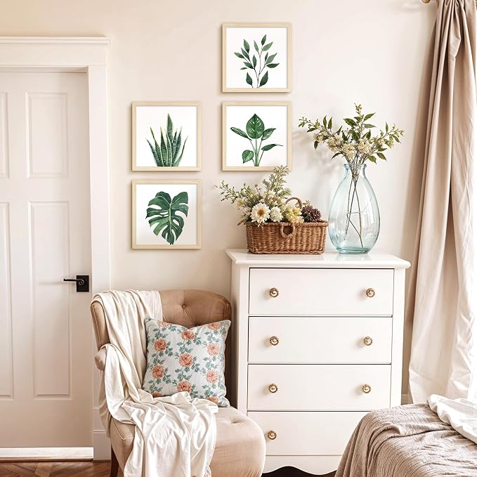 ArtbyHannah Framed Bathroom Wall Art Decor, 10"x10" Botanical Artwork Beige | 4 Pack Gallery Wall Frame Set Modern Farmhouse Sage Green Prints Pictures Art for Spa,Bedroom,Office Decor