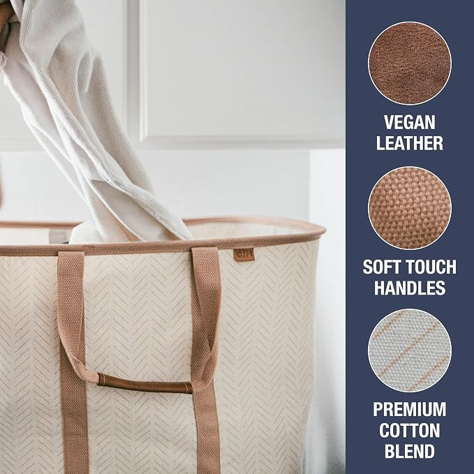 CleverMade Collapsible Laundry Caddy LUXE, 64L Pop-Up Hamper, 2 Pack, Mocha | Upgrade Visible Laundry Storage | Refined Fabric and Vegan Leather Suit Open Rooms, While Structured Frame Carries 2 Loads