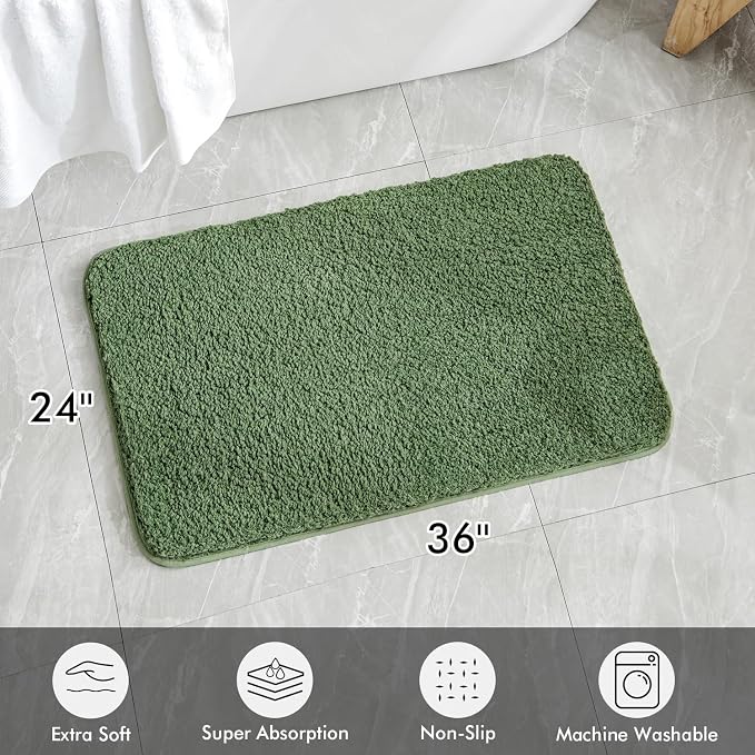 MIULEE Moss Green Large Bathroom Rugs Soft Microfiber Bath Mat 24x36 Inch | Absorbent, Non Slip, Quick Dry, Fluffy Bath Rugs for Bathroom Floor Tub Showers, Machine Washable