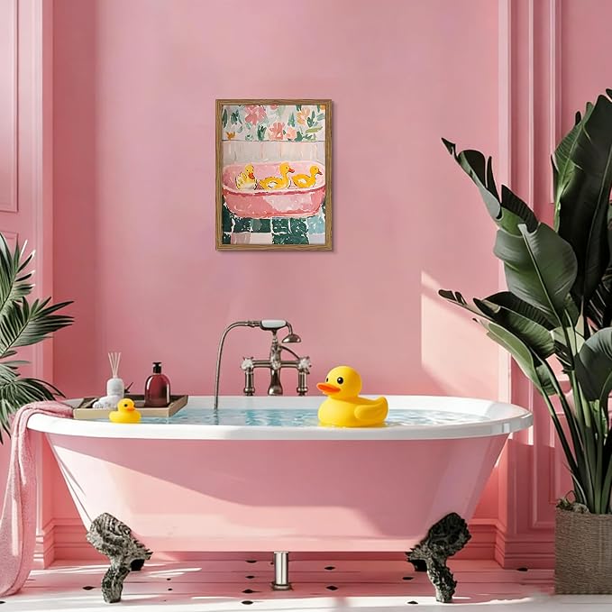 Framed Funny Bathroom Wall Art Decor, Yellow Duck in Pink Bathtub Canvas Wall Decor Painting, Cute Whimsical Animal Poster Print Picture for Girls Bathroom Nursery 16x24 Inch