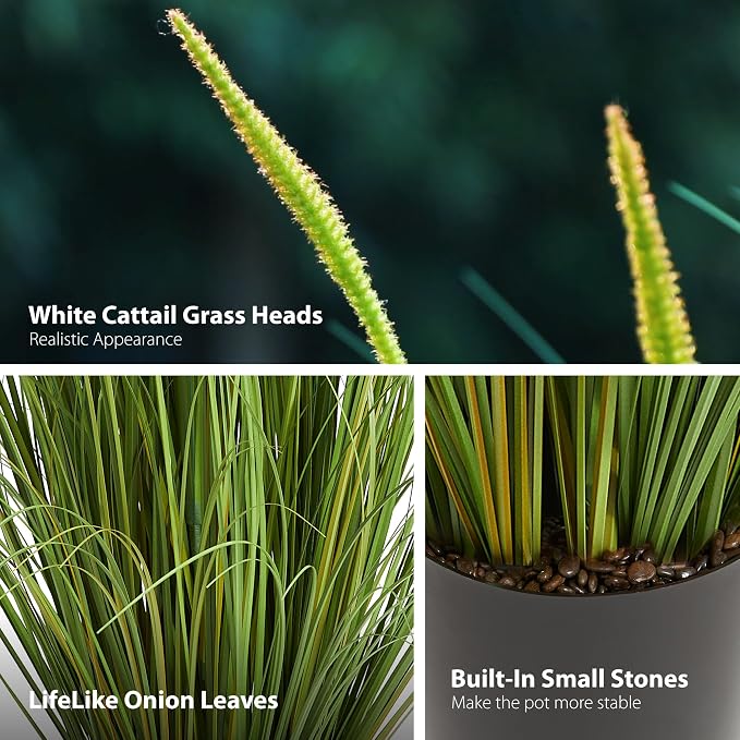 KOL 4ft Artificial Cattail Grass, 47.2in Artificial Indoor Outdoor Fake Onion Plant, Home Office Decor Floor Plants & Flowers in Pot Faux Plant Greenery, Housewarming Gift Reed Grass, Green