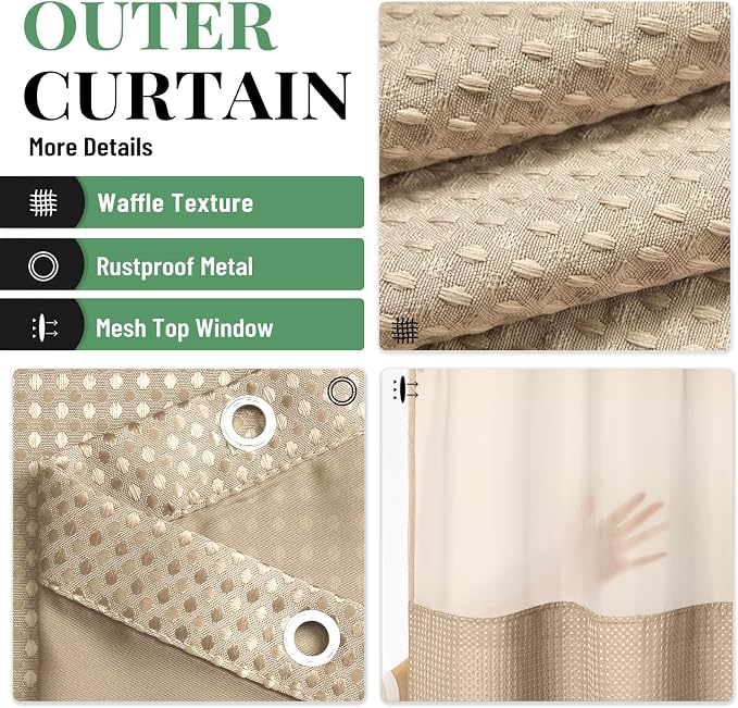 78 Inch Long Shower Curtain, Tall Waffle Fabric Shower Curtains for Bathroom, Hotel Waterproof Cloth Shower Curtain Liner Set with Hooks, Snap in Liner, Mesh Top Window, Beige, 72x78