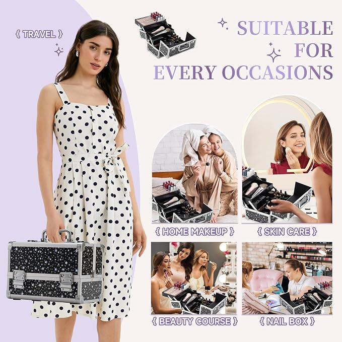 Leeora&Leekoo Makeup Train Case Cosmetic Box Portable Makeup Case Organizer 2 Trays Makeup Storage for Cosmetologist Aesthetic Supplies Nail Tech Traveling Makeup Box (Flashing Star)