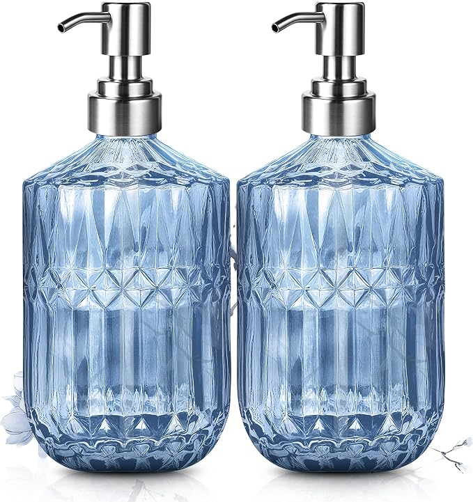 Kaishun Refillable Glass Soap Dispenser (2PC) for Hand Soap & Lotion, Blue