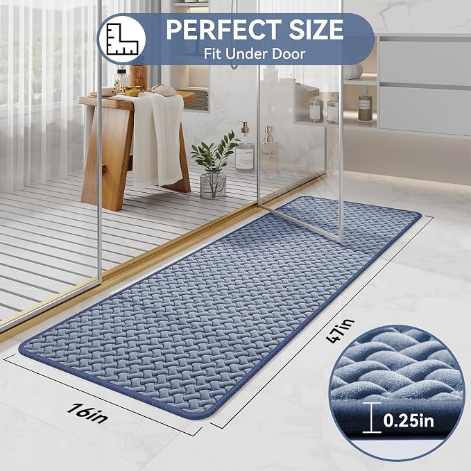Bathroom Runner Non Slip, Foam Weave Texture Bath Mat, Blue 16x47 | Quick Dry, Rubber Backing, Long Absorbent Washable Bathroom Mats Fit Under Door for Bathroom Floor, Bathtub, Outside Shower